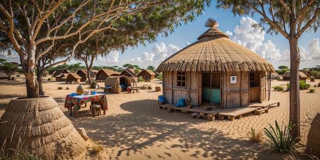 Altes Reetdachhaus in afrikanischer Landschaft