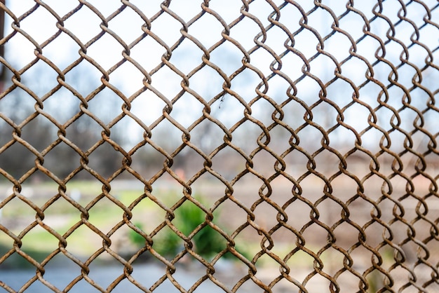 Altes rostiges Gitter auf grünem Hintergrund Rostiger Metallzaun