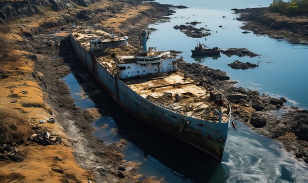 Altes rostiges Schiff in einem Wasserkanal Selektiver weicher Fokus