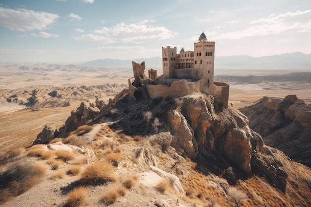 Altes Schloss auf einer Klippe mit Blick auf die weite Wüstenlandschaft, geschaffen mit generativer KI