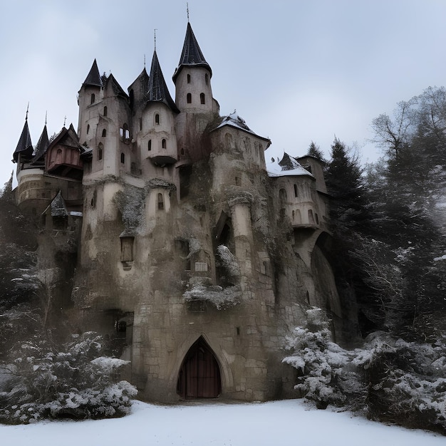 Altes Schloss mit Friedhofsillustration für Halloween. Halloween-Nachtbilder für Tapeten.3D-Illu