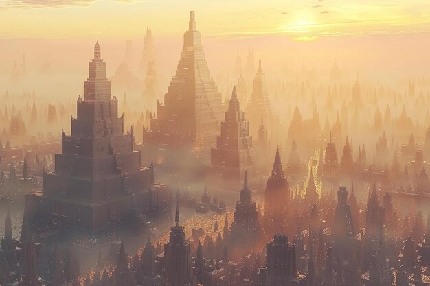 Altes Stadtbild mit hoch aufragenden Ziguraten am Sonnenuntergang