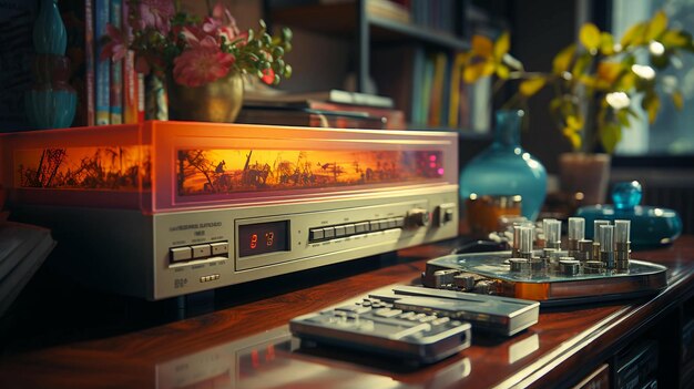 Altes stilvolles Vintage-Audio-Retro-Musik-Kassetten-Tape-Recorder-Poster aus den 80ern und 90ern