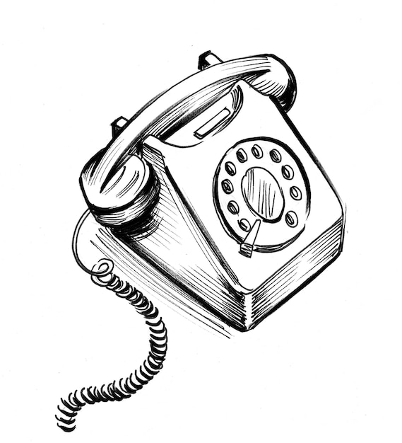 Altes Telefon. Tinte Schwarz-Weiß-Zeichnung