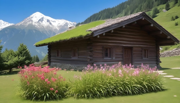 Altes traditionelles Holzhaus mit einem mit Gras bedeckten Dach, Blumen vor dem Eingangsberg und einem klaren blauen Himmel im Hintergrund