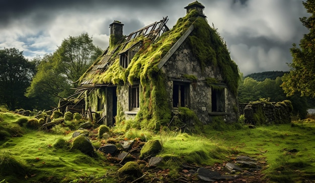 Altes und verlassenes Haus mit Moos bedeckt mitten im von der KI generierten Wald