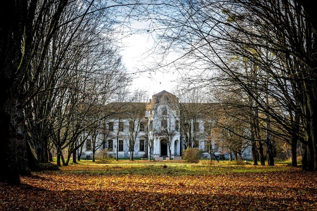 Altes verlassenes Palastlandhaus im Herbstwald