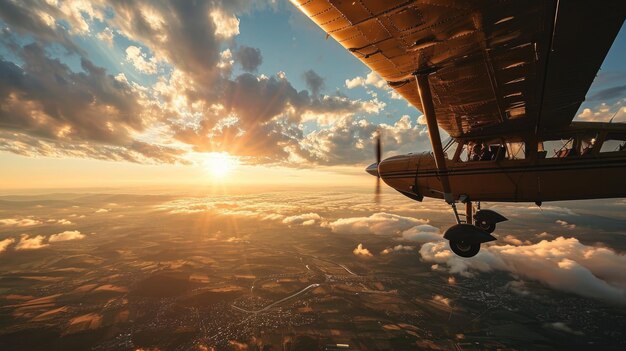 Foto altes vintage-flugzeug am sonnenuntergang am himmel