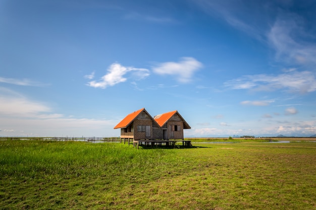 Altes zwillingshaus auf feuchtgebiet am talay noi see