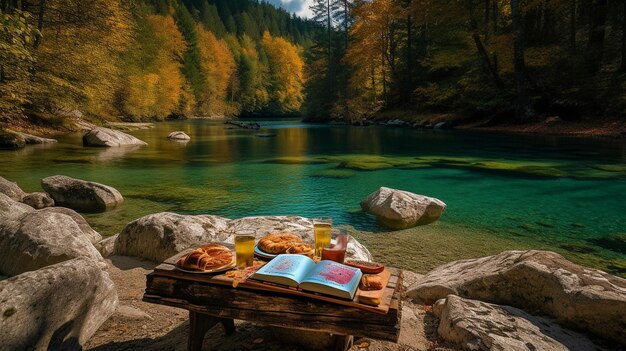 Altiplano bávaro alemán picnic sobre piedras Libro junto al lago y bosque otoñal cacao a cuadros con croissant de malvavisco e IA generativa