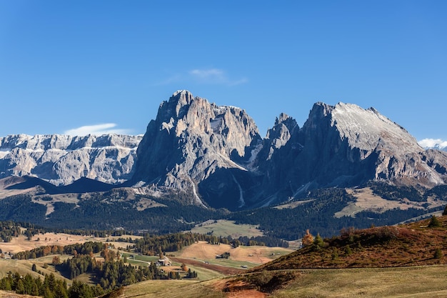 Foto altiplano de seiser alm y vista de las montañas sassolungo y sassopiatto del grupo langkofel