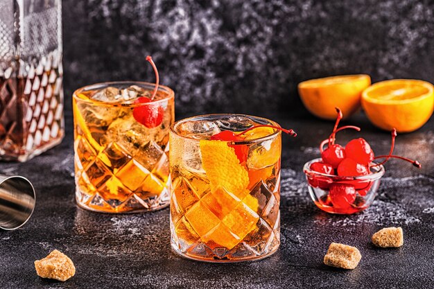 Altmodischer Cocktail mit Kirschen und Orangendreh, selektiver Fokus.