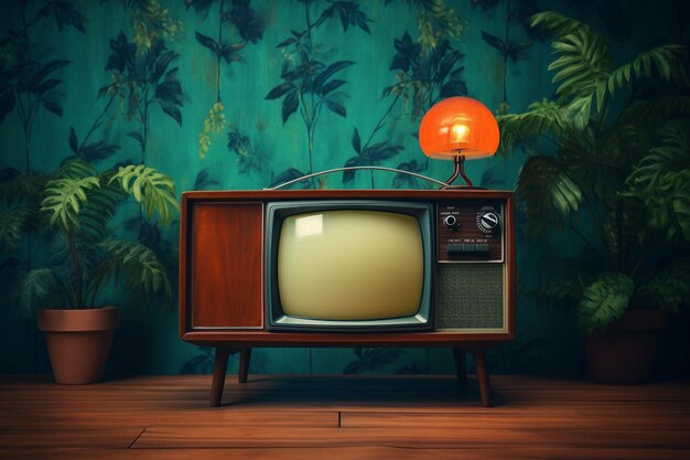 Foto altmodischer retro-fernseher auf dem tisch im innenbereich