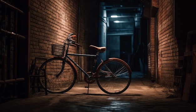 Altmodisches Fahrrad lehnt in der Dämmerung an einer Ziegelwand in einem verlassenen Gebäude, erzeugt durch künstliche Intelligenz