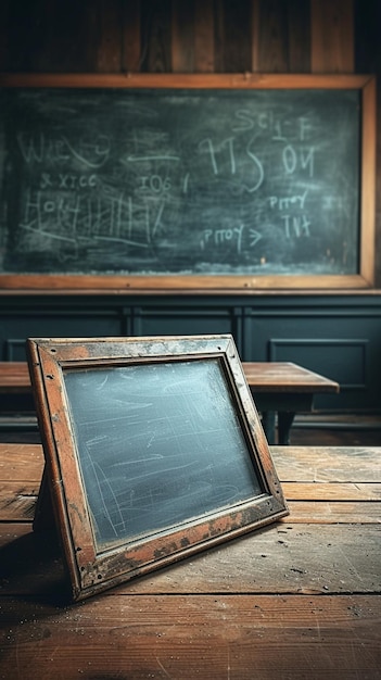 Altmodisches Klassenzimmer antike Tafel leer Holzschreibtisch Nostalgie Vertikale mobile Tapete