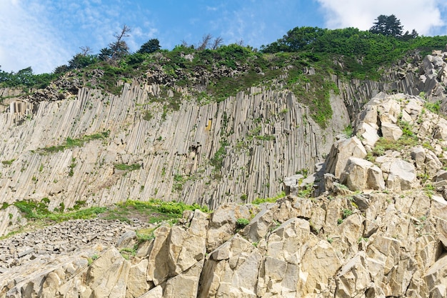 Alto acantilado costero formado por columnas de piedra Cabo Stolbchaty en la isla de Kunashir