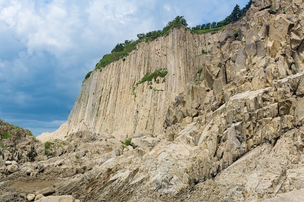 Alto acantilado costero formado por columnas de piedra de lava solidificada Cabo Stolbchaty en la isla de Kunashir