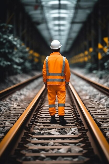 alto ángulo de la cosecha trabajador anónimo en uniforme y cabina de pie cerca de ferrocarril de metal con