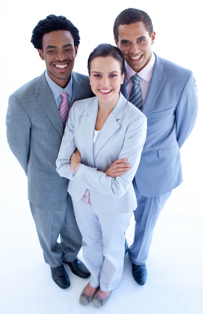 Alto ángulo de equipo de negocios sonriente