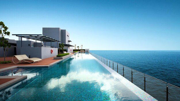 Alto ángulo de piscina infinita de lujo con hermosa vista al mar