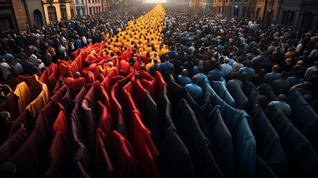 Foto alto ángulo de tiro de la multitud de personas en camisas de colores se reúnen en una gran multitud de camisas negras