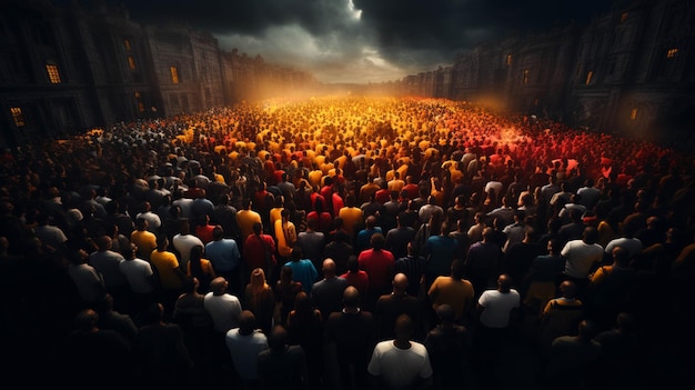 Foto alto ángulo de tiro de la multitud de personas en camisas de colores se reúnen en una gran multitud de camisas negras
