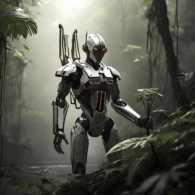 Foto alto contraste y baja saturación crear una ilustración de estilo animado de un robot jedi en una selva tropical