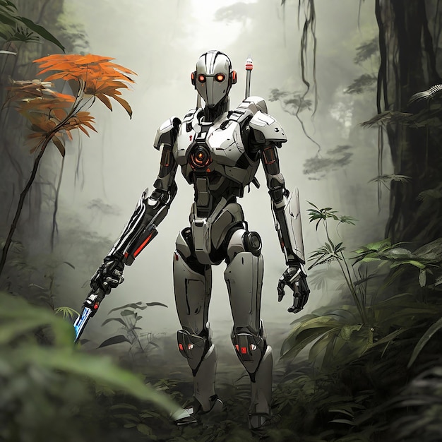 Alto contraste y baja saturación Crear una ilustración de estilo animado de un robot jedi en una selva tropical