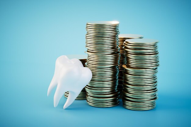 Alto costo del tratamiento dental pilas de monedas al lado del diente en un render 3D de fondo azul