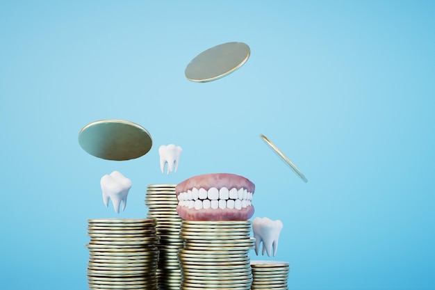 Alto custo de dentes de serviços odontológicos e pilhas de moedas em uma renderização 3D de fundo azul