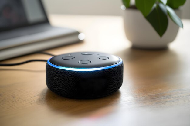 Alto-falante Amazon Black Echo em uma mesa ao lado de uma planta