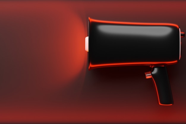 Alto-falante de vidro preto dos desenhos animados sobre um fundo vermelho monocromático. Ilustração 3D de um megafone