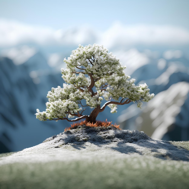 En un alto pico de la montaña hay un árbol verde y una oveja