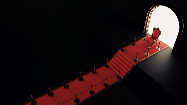 Foto alto podio con escaleras y alfombra roja y sillón rey trono de los reyes trono vip trono real rojo 3d render