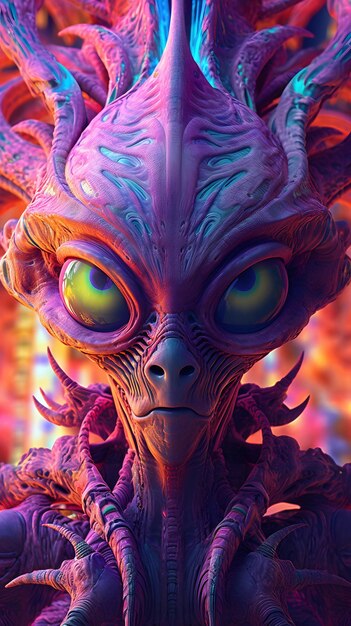 Alto trippy cósmico mágico xamânico Tribal alienígena brilhante olhos psicodélicos alienígena engraçado surreal Fa