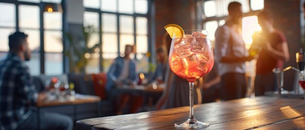 Un alto vaso de vino lleno de ginebra rosada y tónico adornado con una cuña de limón descansa con gracia en una moderna mesa de la sala de estar