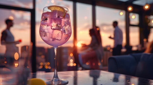 Un alto vaso de vino lleno de ginebra rosada y tónico adornado con una cuña de limón descansa con gracia en una moderna mesa de la sala de estar