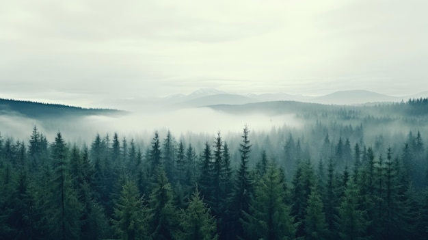 Altos árboles en el bosque en las montañas cubiertas por la niebla