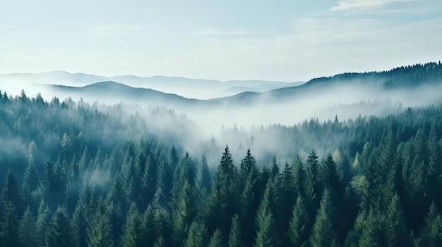 Altos árboles en el bosque en las montañas cubiertas por la niebla