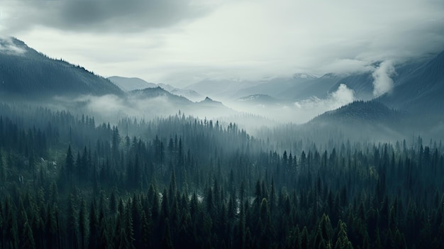 Altos árboles en el bosque en las montañas cubiertas por la niebla