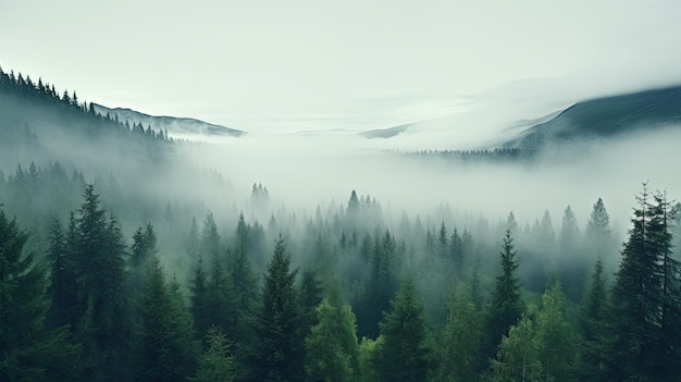 Altos árboles en el bosque en las montañas cubiertas por la niebla