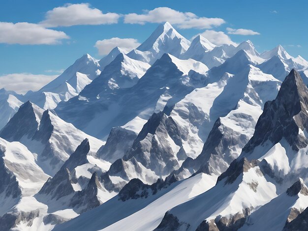 Foto altos picos cobertos de neve contra um céu azul claro