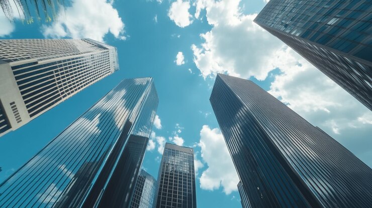 Los altos rascacielos alcanzan el cielo azul vibrante que refleja las nubes en un día soleado en un autobús