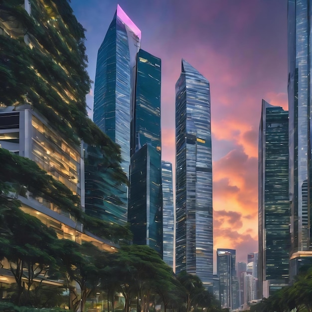 Altos rascacielos de vidrio en las calles de Singapur ventanas de oficinas fondo de cerca
