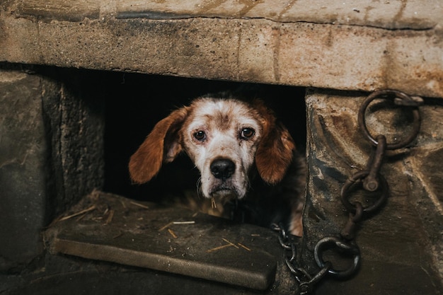 Altura de alto ângulo de um pobre cão acorrentado sob um túnel - conceito de abuso de cães