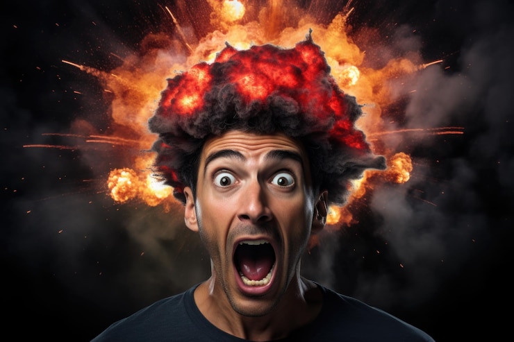 Foto alucinante homem chocado com explosão na cabeça isolada no fundo preto
