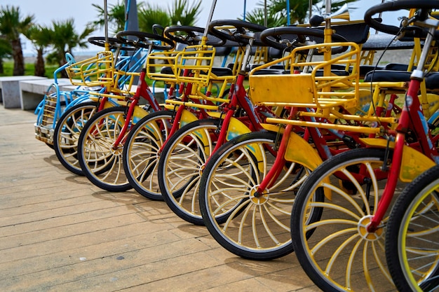 Aluguel de bicicleta para pedalar ao longo do aterro. Estacionamento de bicicletas para toda a família.