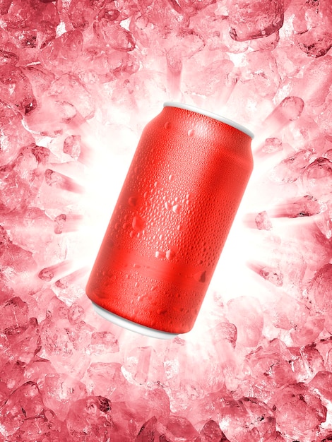 Aluminiumdose mit Wassertropfen auf einem eiszerbrochenen Spritzhintergrund