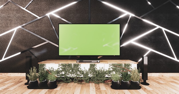 Aluminiumordnung siver auf schwarzem Wanddesign und Bretterboden mit hölzernem Kabinett und verspotten herauf Fernsehen