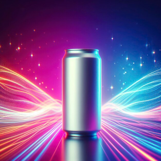 Aluminiumweiß-Mockup kann ein Energy-Getränk in einem isolierten auf einer Farbe Neon-Linien Bokeh-Hintergrund ai generativ